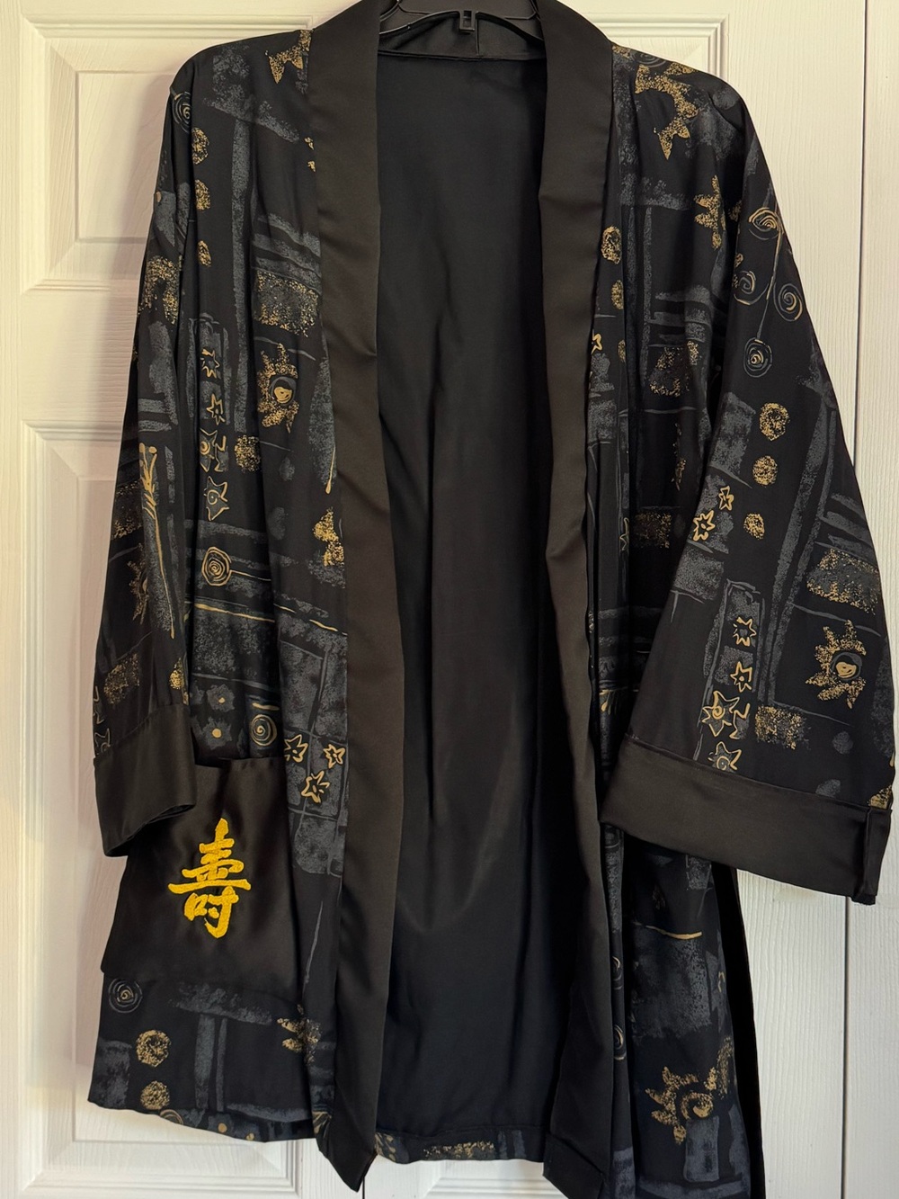 Vintage Black & Gold Satin Kimono Robe